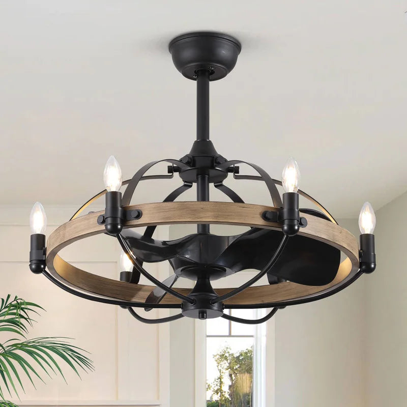 Picture of Wood Grain Ceiling Fan with Light Remote Control 6-Light Wagon Wheel F ...