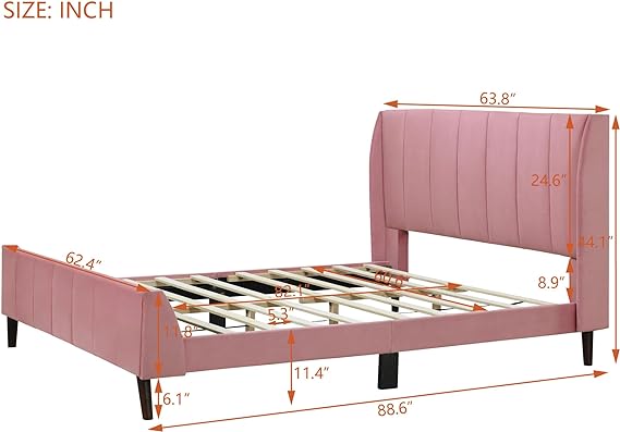 Queen Size Upholstered Platform Bed Frame for Boys Girls Kids Adults Toddler, Velvet, Pink