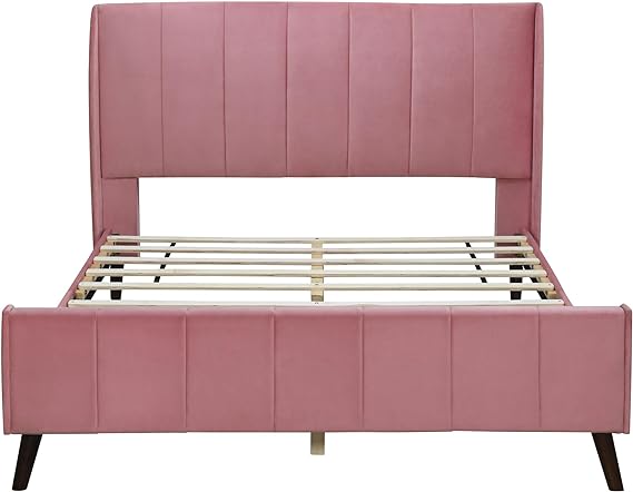 Queen Size Upholstered Platform Bed Frame for Boys Girls Kids Adults Toddler, Velvet, Pink