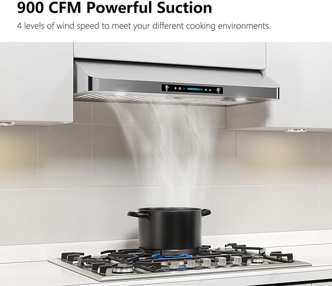 Under Cabinet Range Hood with 900-CFM, 4 Speed Gesture Sensing&Touch Control Panel, Stainless Steel Kitchen Vent with 2 Pcs Baffle Filters