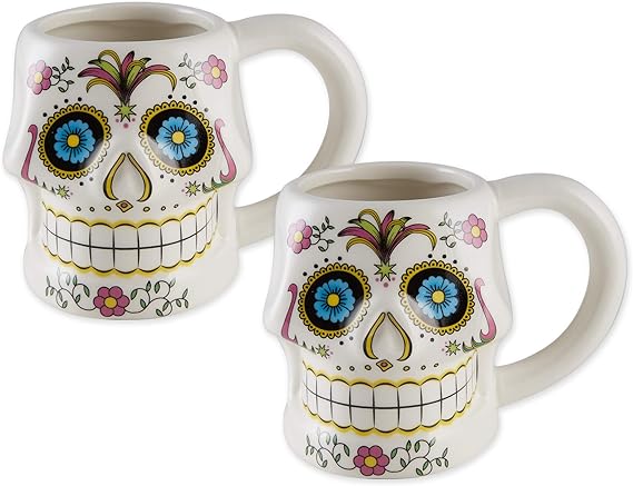 Ceramic Gift Mug Collection Hand Painted Funny Shaped Tea/Coffee Cup Set, Sugar Skull, 2 Count