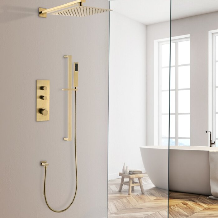 Brushed Gold Thermostatic Complete Shower System with Adjustable Handh ...