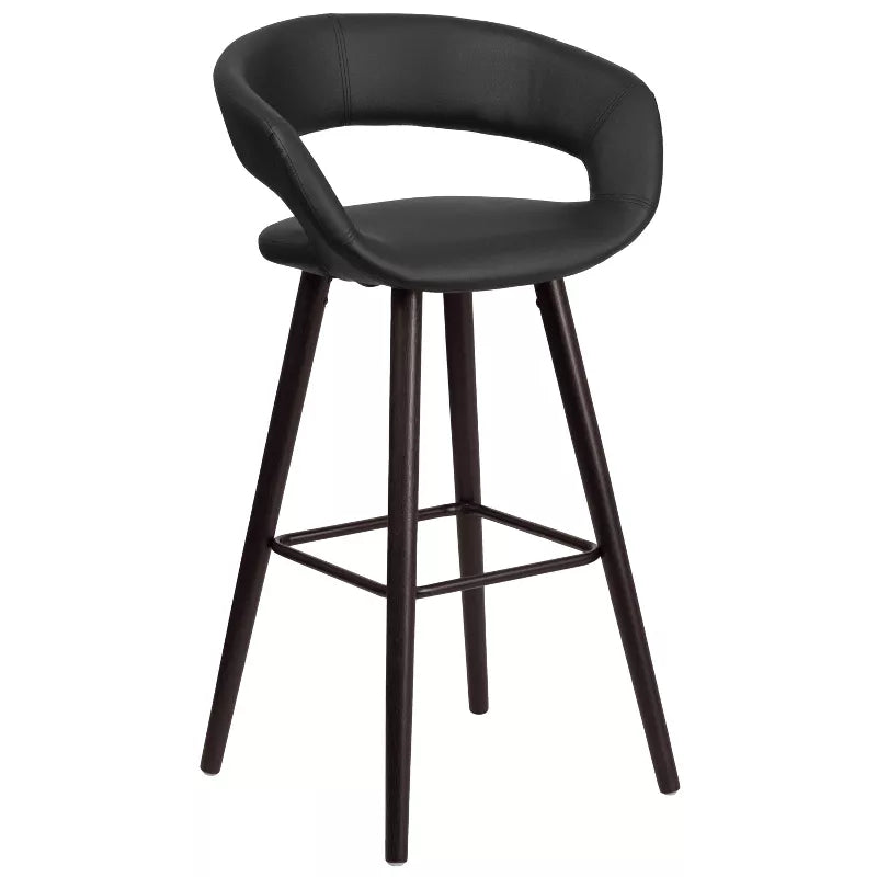 Brynn Series Contemporary Vinyl Rounded Back Barstool with Cappuccino Wood Frame - Set of 2