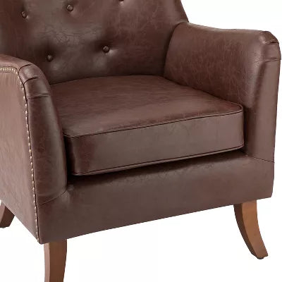 Germano Brown Vegan Leather Wingback Armchair with Wooden Legs