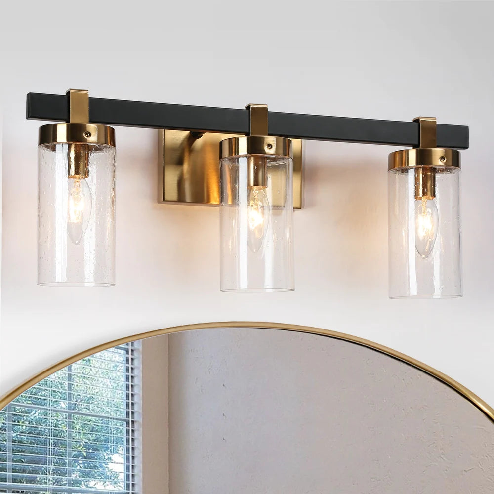 Modern Elegant 3-Light Black Gold Bathroom Vanity Light Dimmable Glass ...