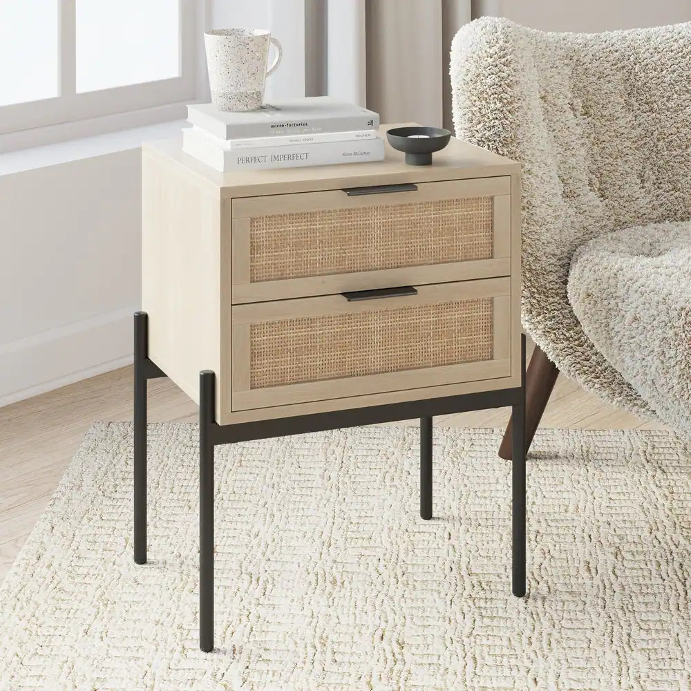 Nathan James Andrew Rattan End Side Table Storage Doors Gold Accents ...