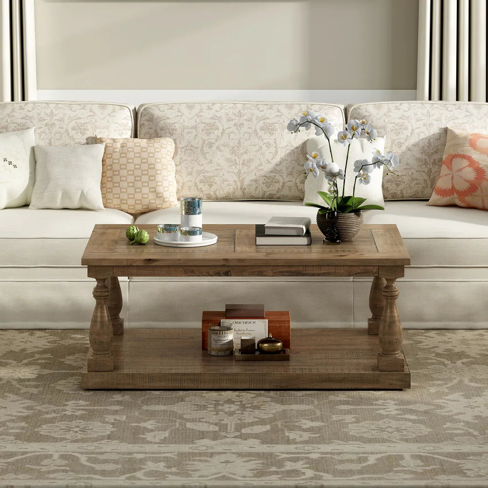 Rustic Floor Shelf Coffee Table With Storage,Solid Pine Wood Coffee, C ...
