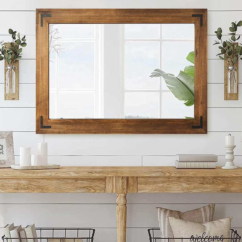 Rustic Wooden Framed Wall Mirror, Natural Wood Bathroom Vanity Mirror