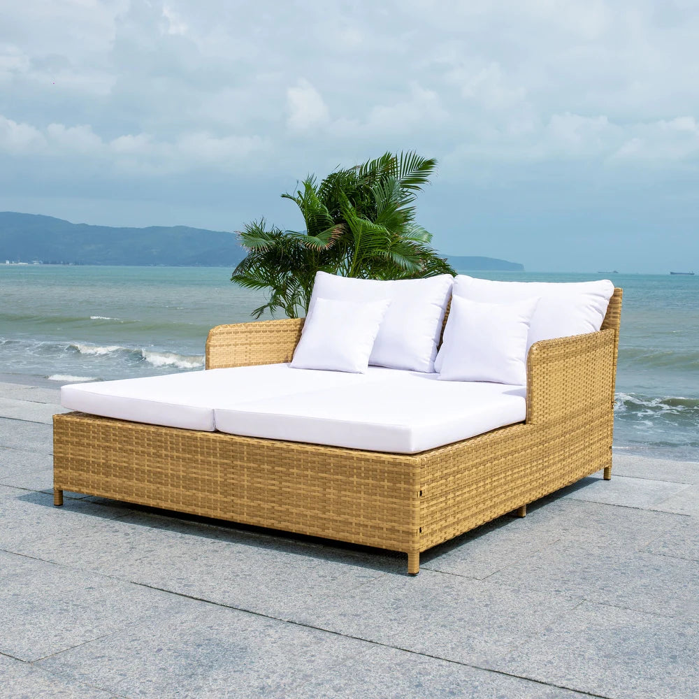 Outdoor Cadeo Wicker Daybed with Pillows and Cushions Natural/White