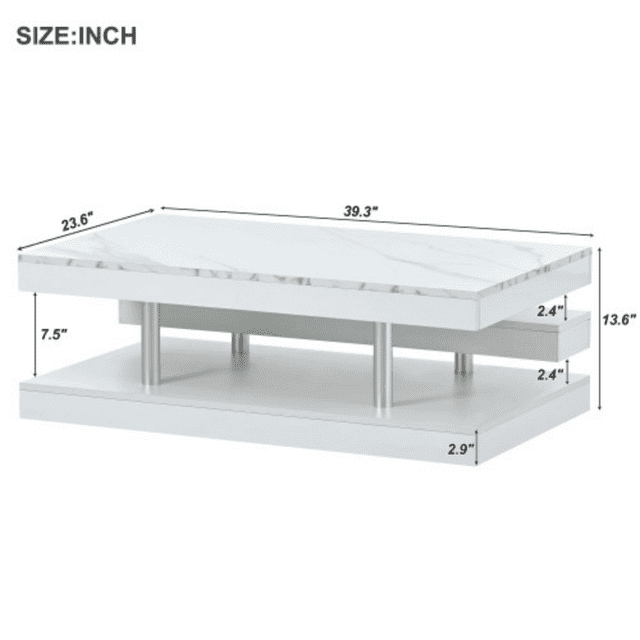 Modern 2-Tier Coffee Table with Silver Metal Legs, Rectangle Cocktail Table with High-gloss UV Surface, Minimalist Design Center Table for Living Room, White