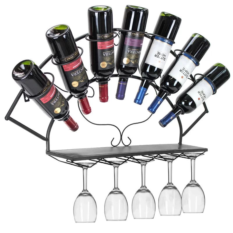 Navasota 7 Bottle Wall Mounted Wine Bottle & Glass Rack in Black ...