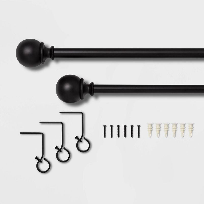 Ball Curtain Rod Matte Black - Adjustable Metal, Single Rod