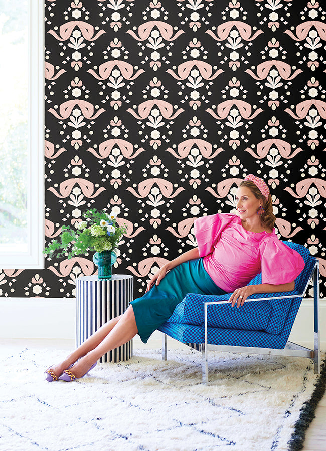 Bow Damask Black Peel and Stick Wallpaper