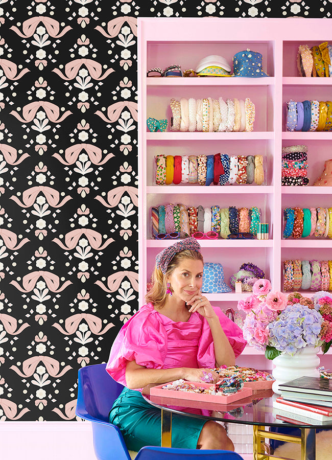 Bow Damask Black Peel and Stick Wallpaper