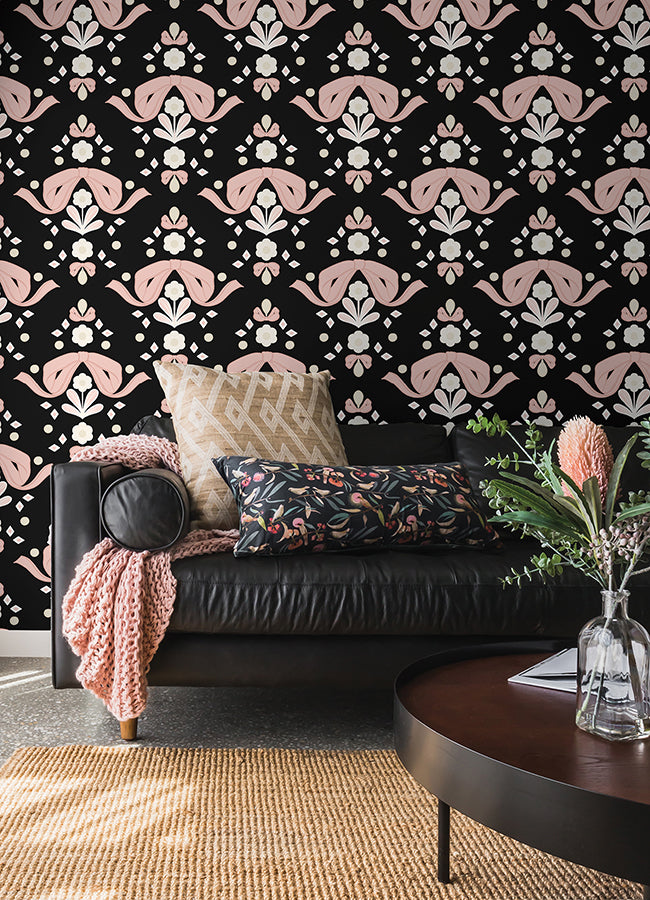 Bow Damask Black Peel and Stick Wallpaper