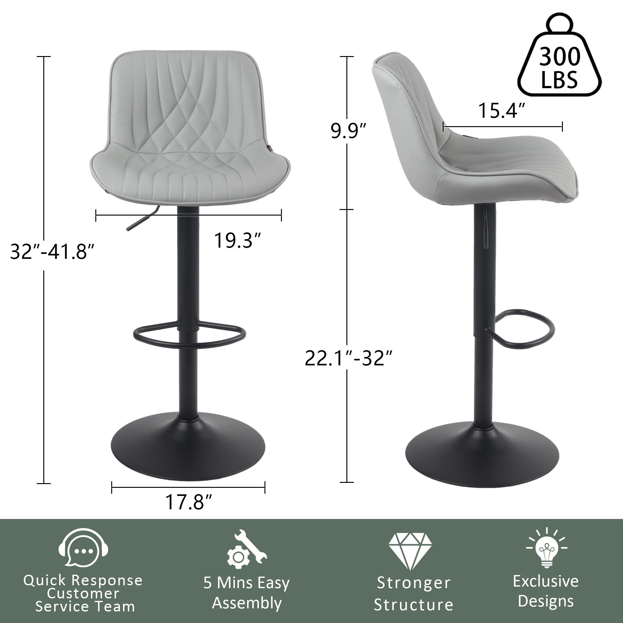 Swivel Bar Stools Set of 2 Adjustable Leather Counter Barstool, Gray - 2 BOXES