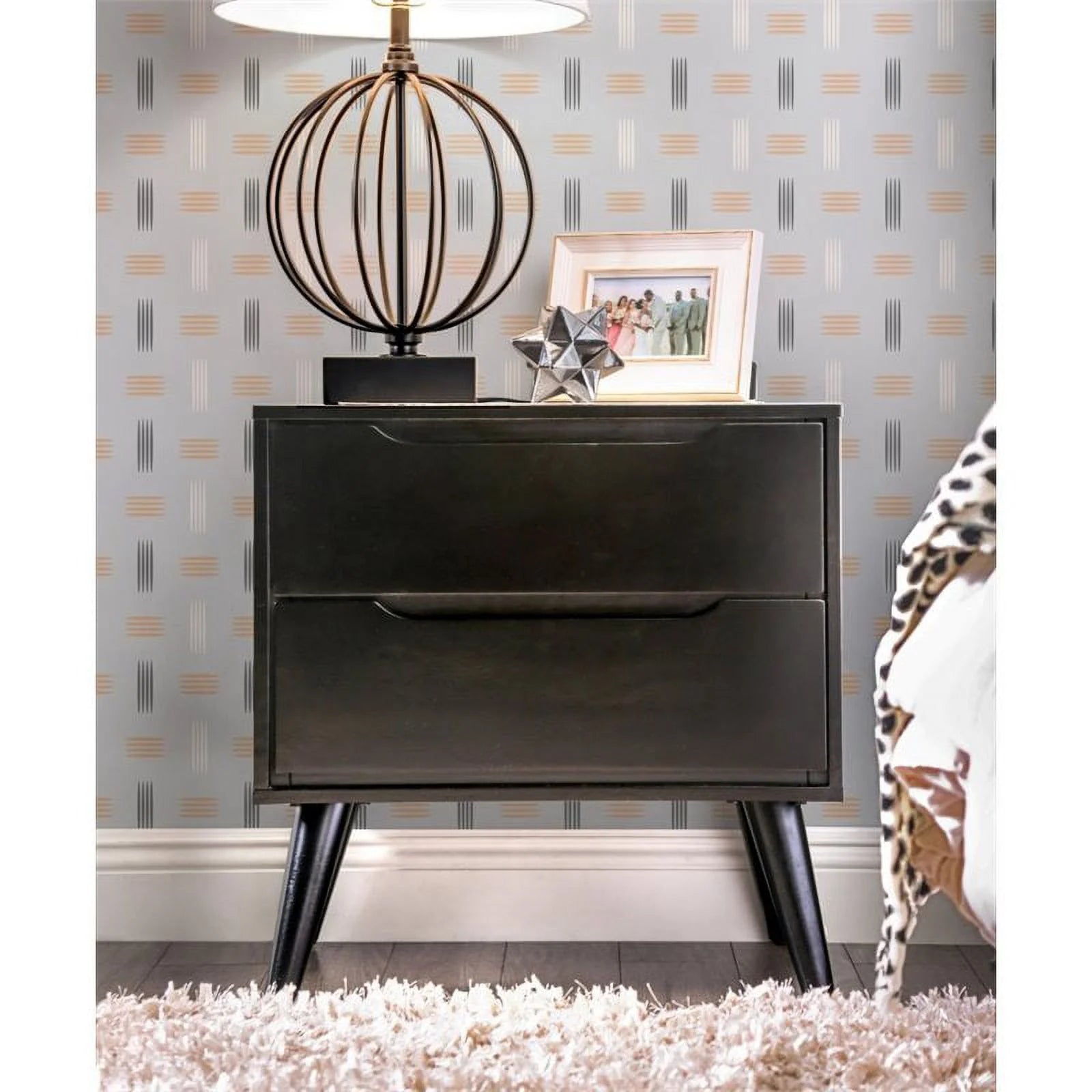 Belkor Mid-Century Modern Wood 2-Drawer Nightstand in Black