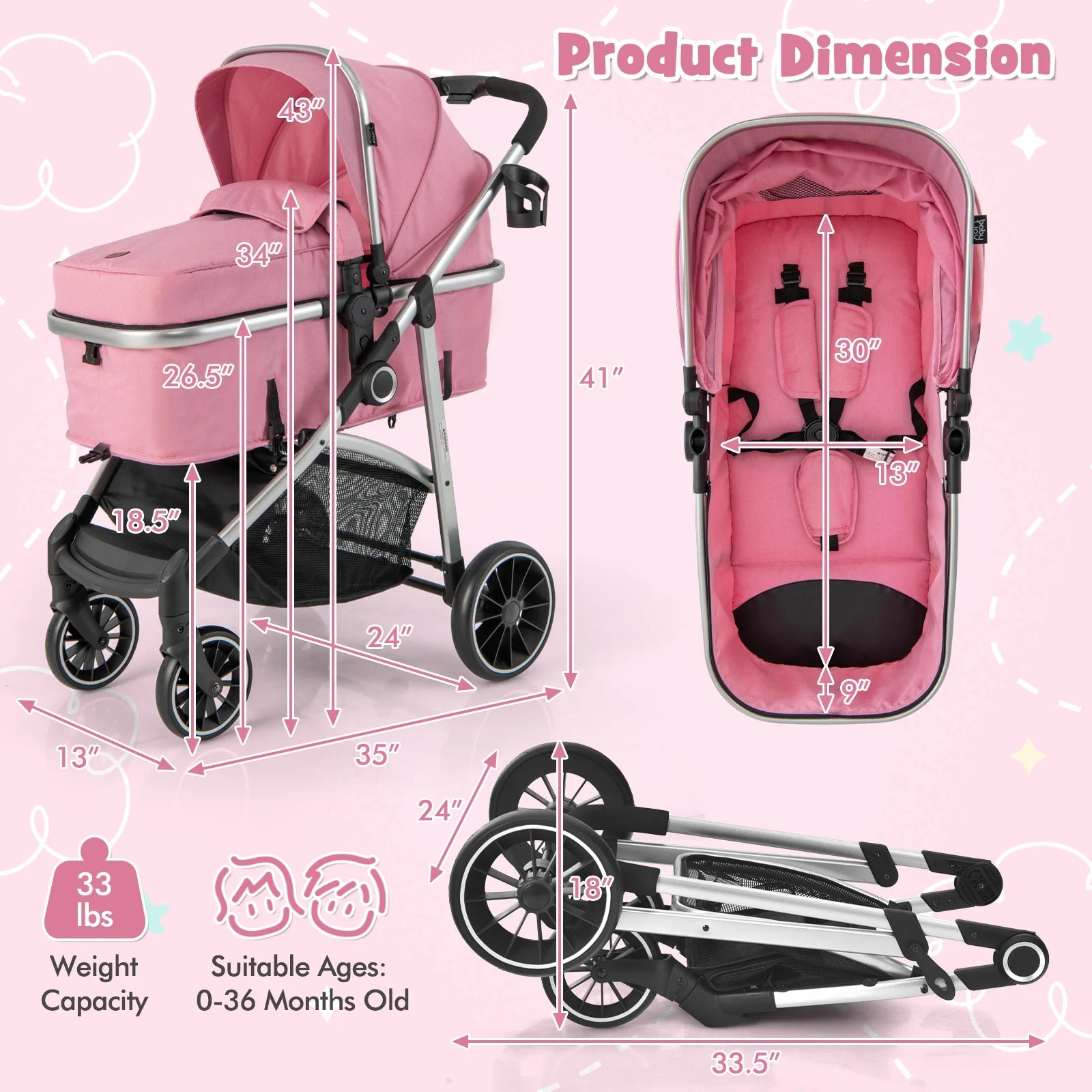 2 in 1 Convertible Baby Stroller High Landscape Infant Stroller Pink