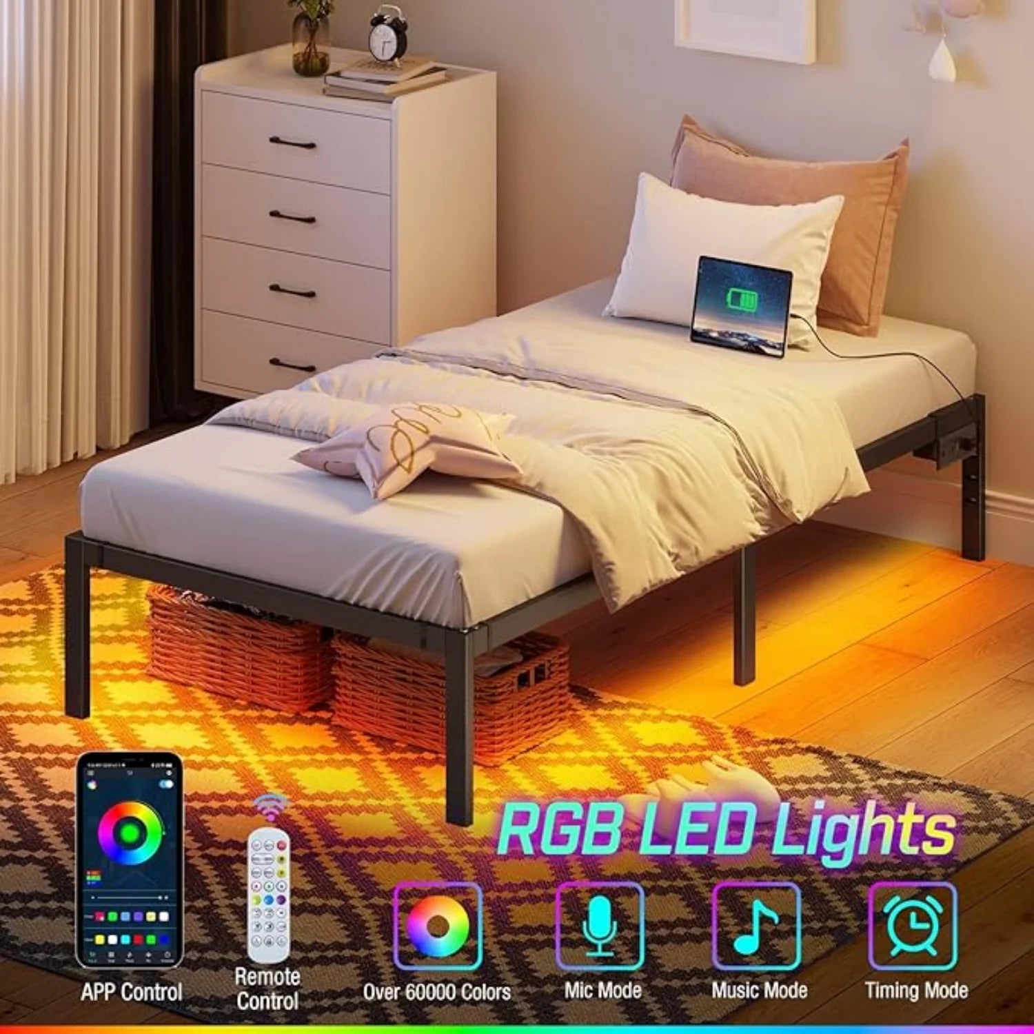 Bed Frame with USB Charging Station, Twin Bed Frame with LED Lights, Platform Bed Frame with Heavy Duty Steel Slats, 14" Storage Space Beneath Bed