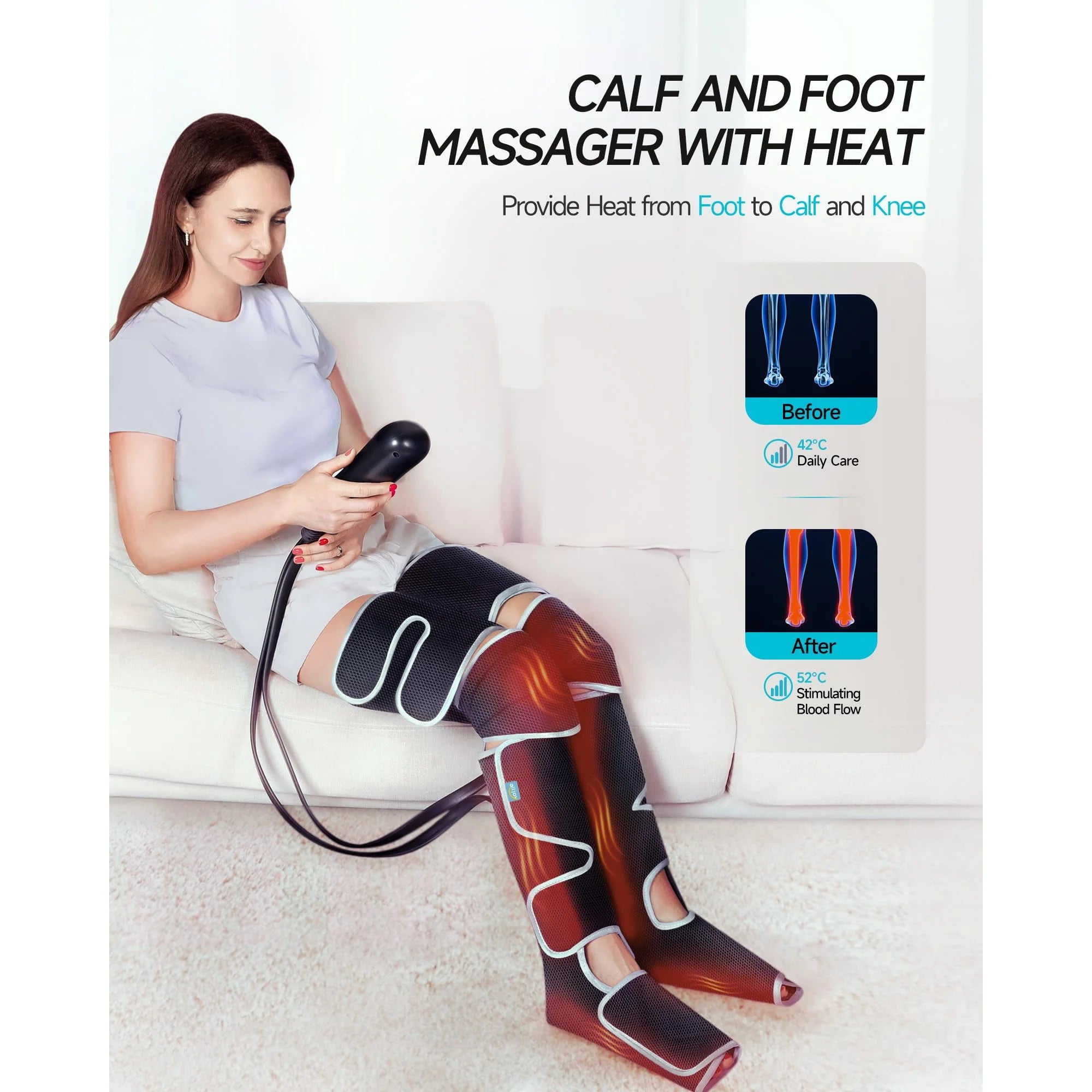 Leg Compression Massager for Circulation, Vericose Veins, Muscle Fatigue, Cramps, 2 Heat Levels Foot/Knee Massager