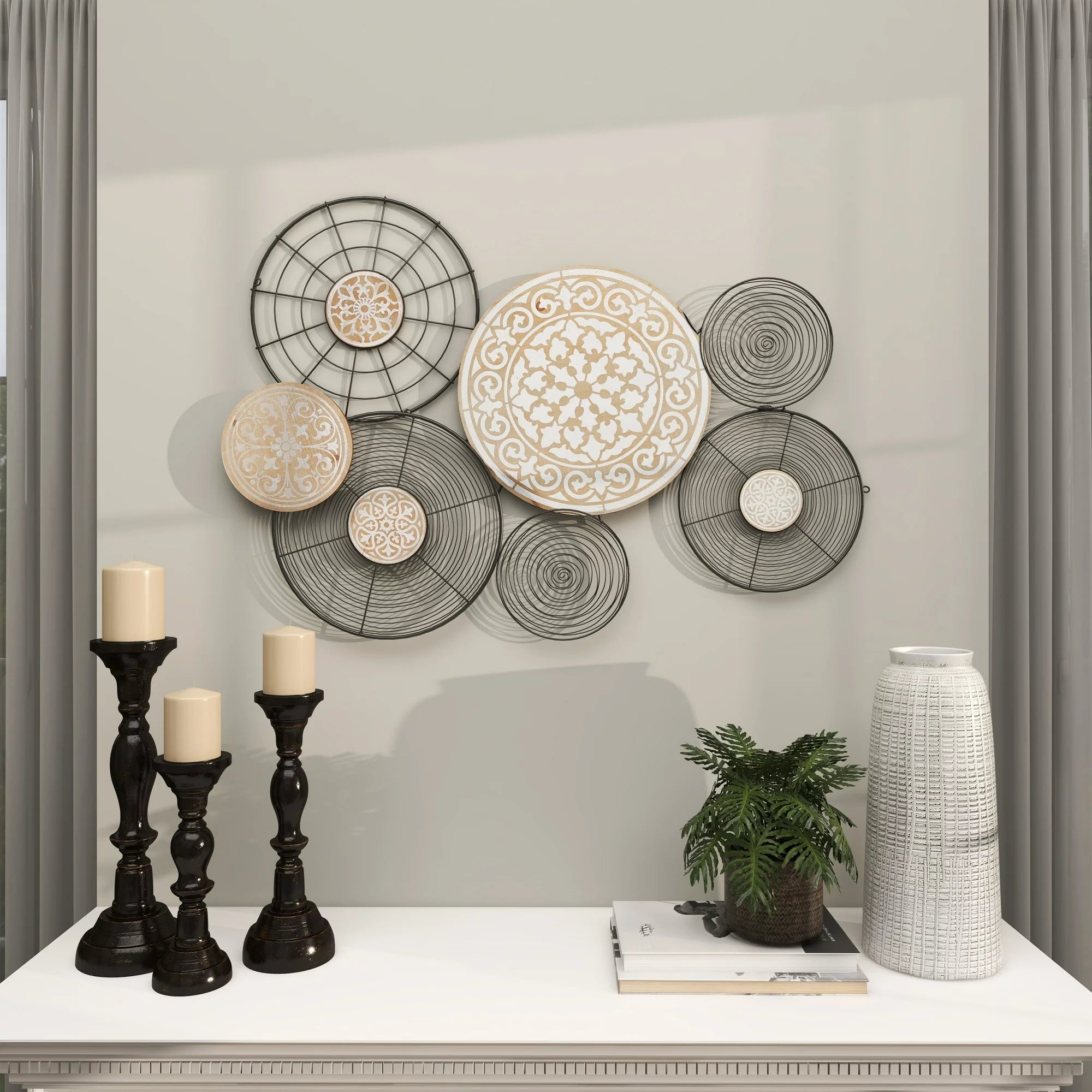 Black Metal Plate Wall Decor with Intricate Pattern