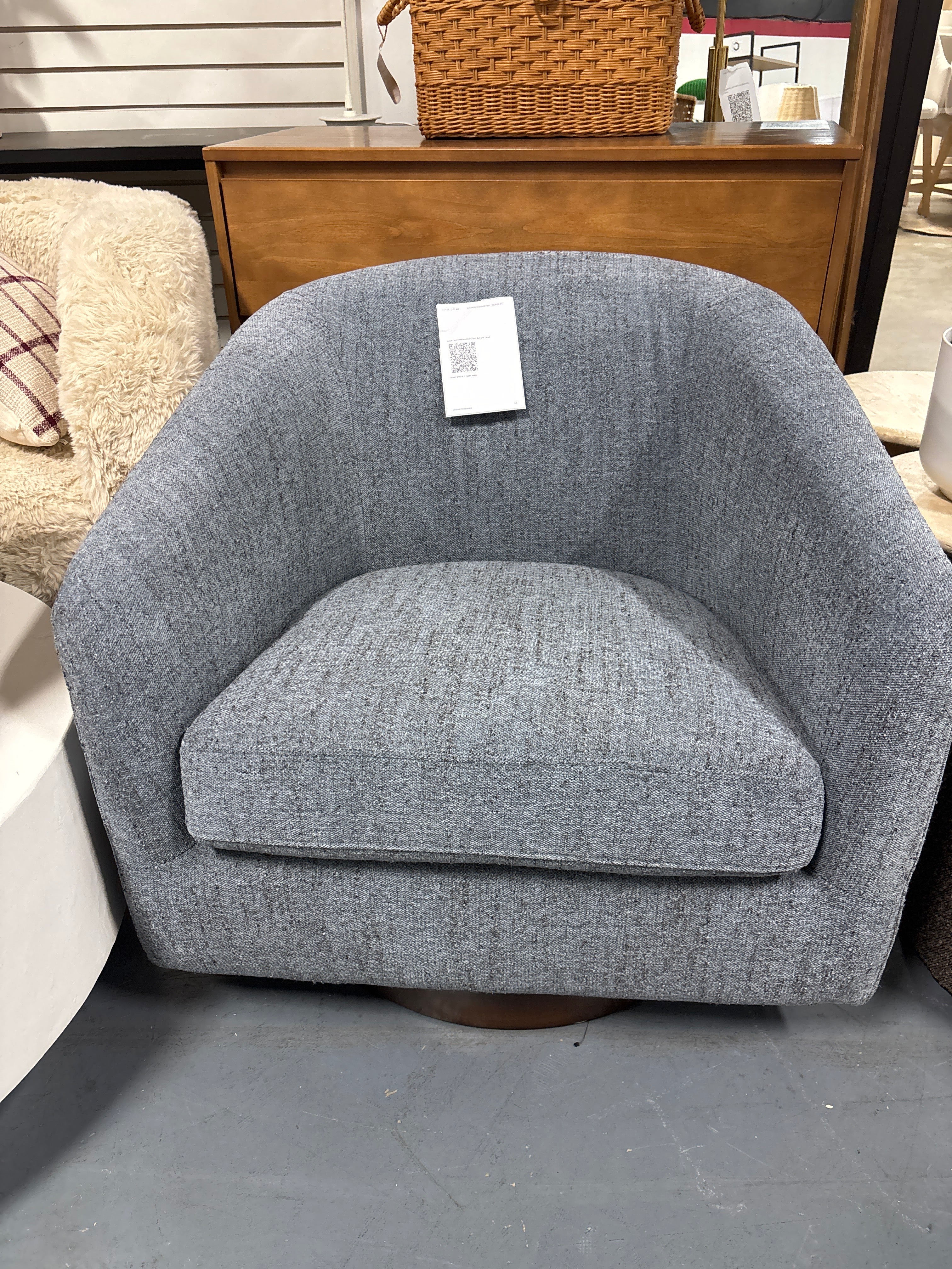 Bennett Upholstered Swivel Barrel Chair - Dark Grey Tweed SHOWROOM ITEM