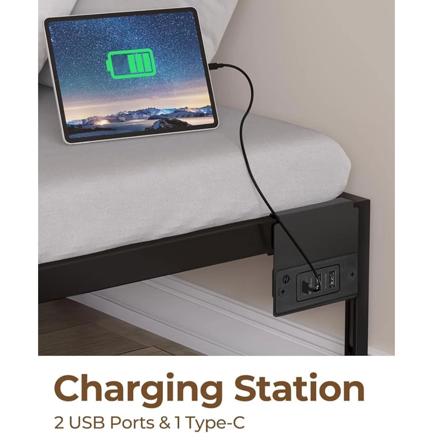 Bed Frame with USB Charging Station, Twin Bed Frame with LED Lights, Platform Bed Frame with Heavy Duty Steel Slats, 14" Storage Space Beneath Bed