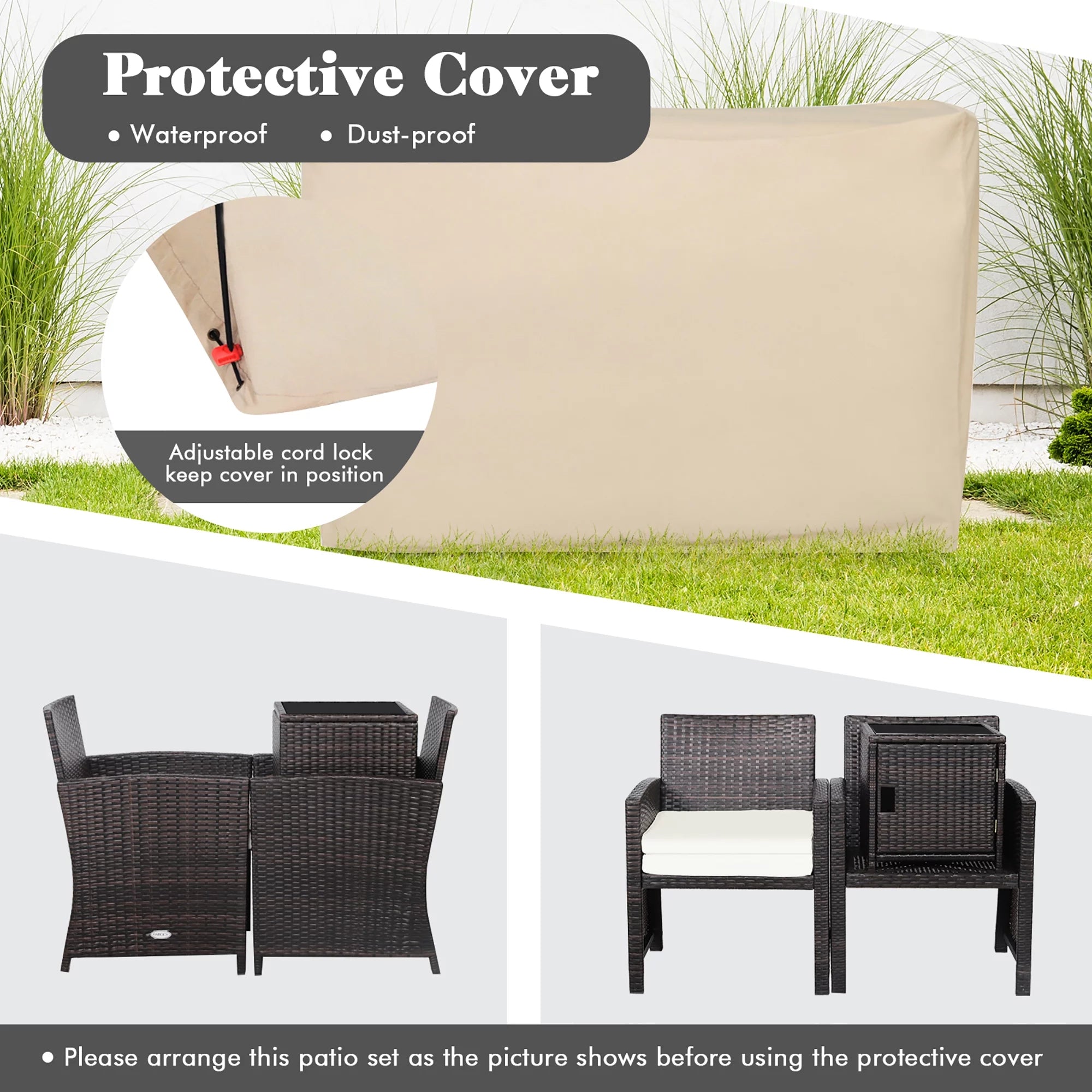 3-Piece Patio Wicker Furniture Set Storage Table with Protect Cover Cushioned in Off White