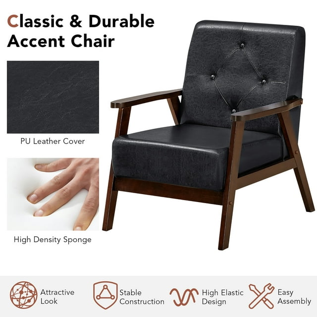 Classic Accent Chair PU Leather Armchair w/Rubber Wood Legs & Button Tufted Back