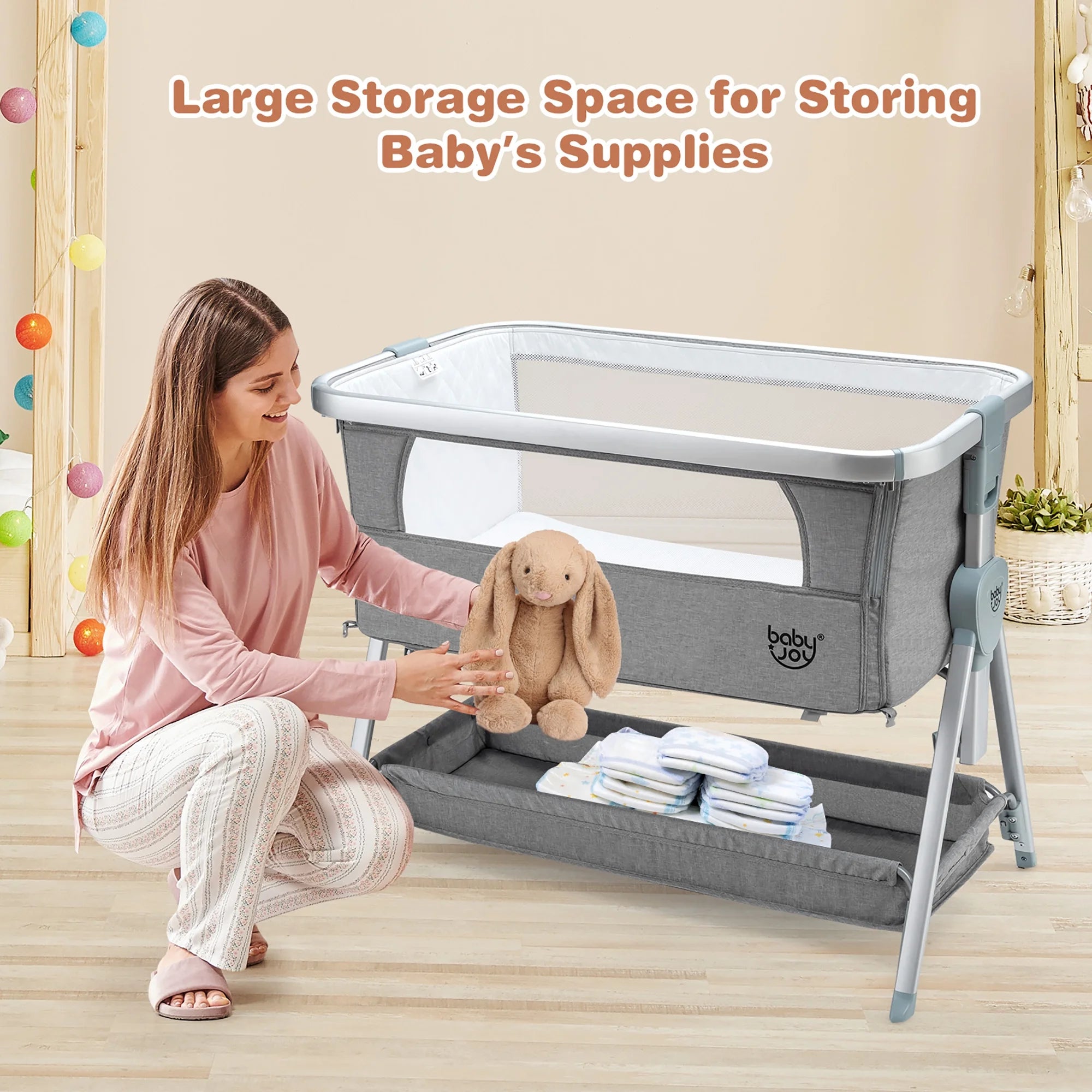 Baby Bed Side Crib Portable Adjustable Infant Travel Sleeper Bassinet Light Grey