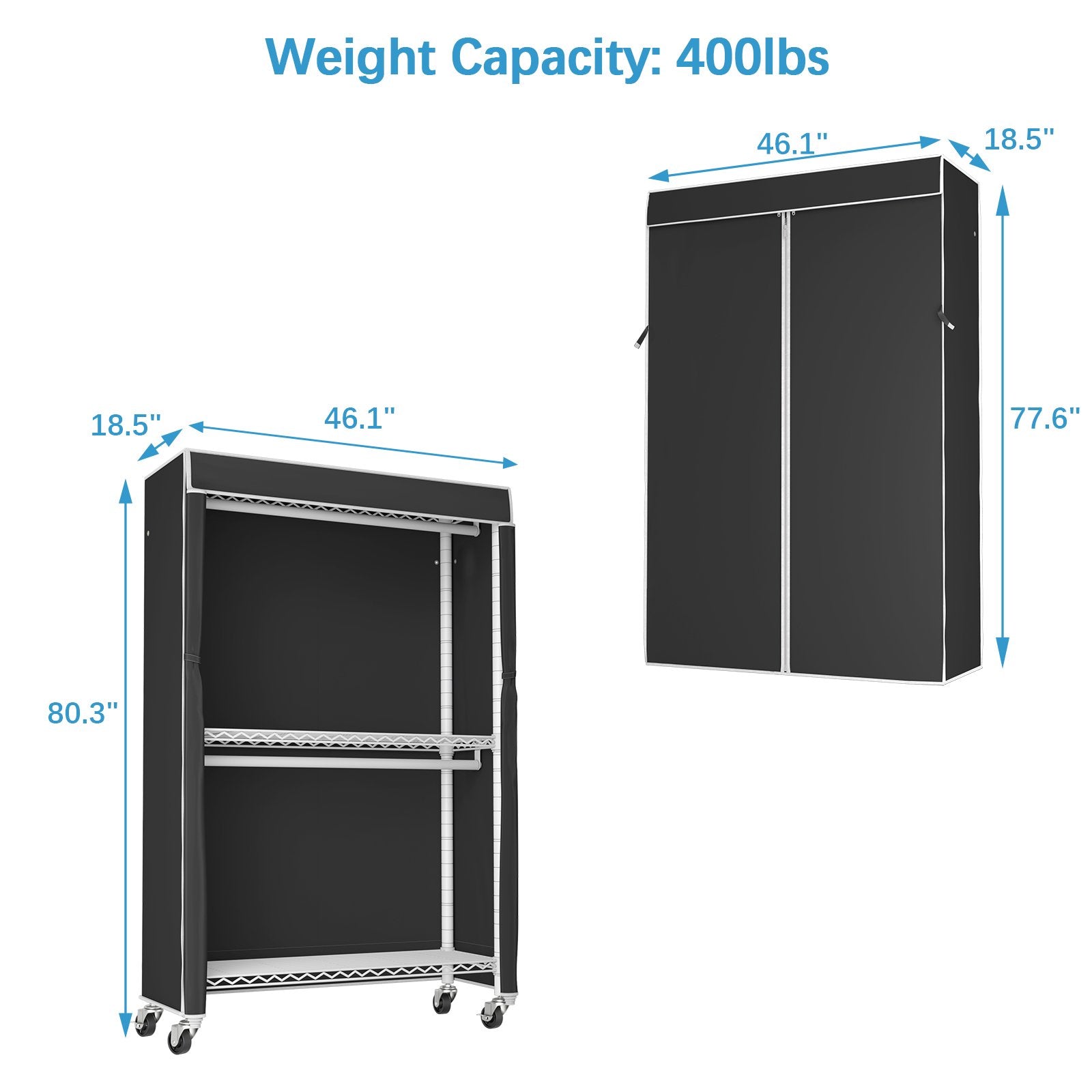 Heavy Duty Rolling Garment Rack with Cover Clothing Rack Portable Closets with Adjustable 3 Wire Shelving and Double Rods Wardrobe on Wheels, White Rack with Black Cover