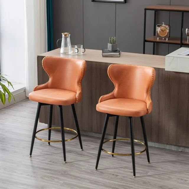 180° Swivel Bar Stools Set of 2, Modern Leathaire Fabric Bar Chairs with Wingback and Footrest, Counter Stool with Nailhead Trim and Metal Base, for Kitchen Island Restaurant Pub Counter, Orange