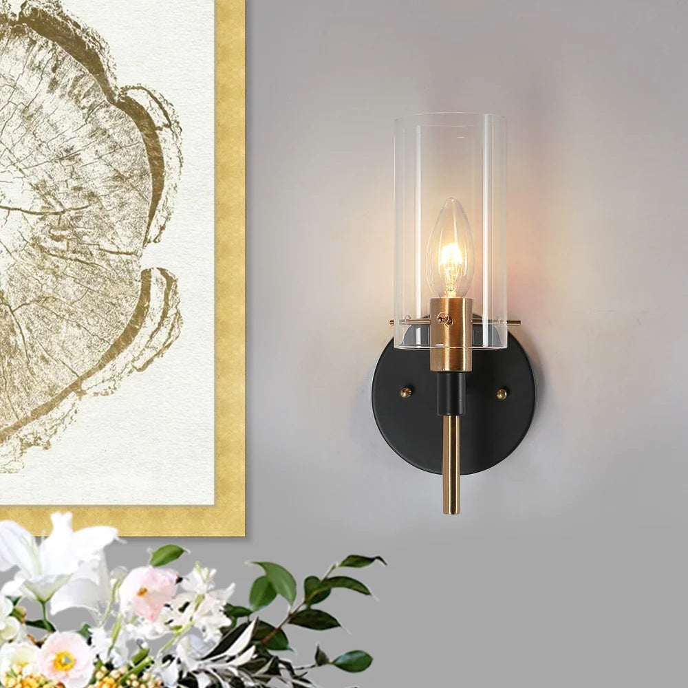 1-Light Modern Black Gold Wall Sconce Light with Glass Shade - Black and Brass