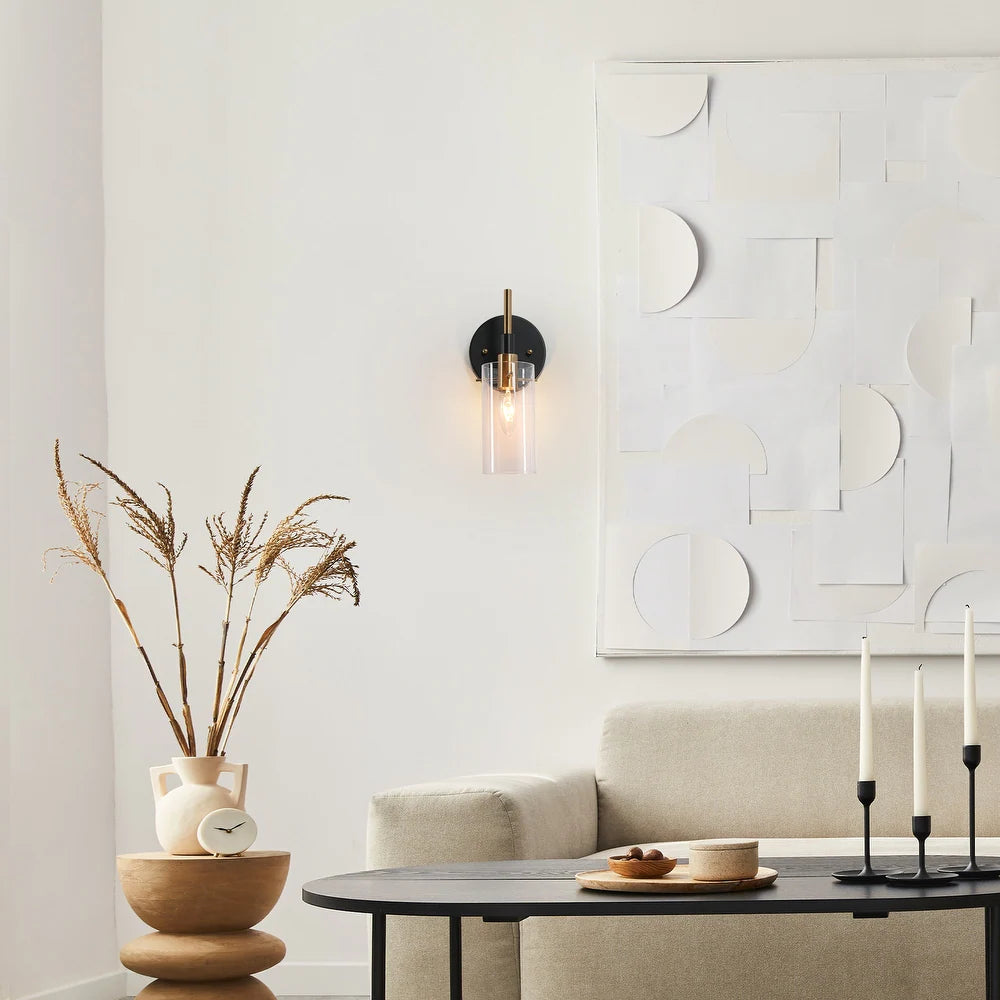 1-Light Modern Black Gold Wall Sconce Light with Glass Shade - Black and Brass