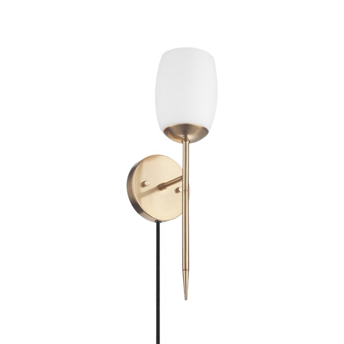 1-Light Matte Brass Plug-In or Hardwire Wall Sconce with Opal Glass Shade