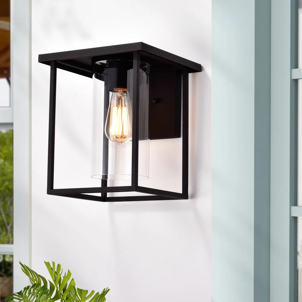 1-light Matte Black Outdoor Wall Sconce Lantern with Clear Glass Shade