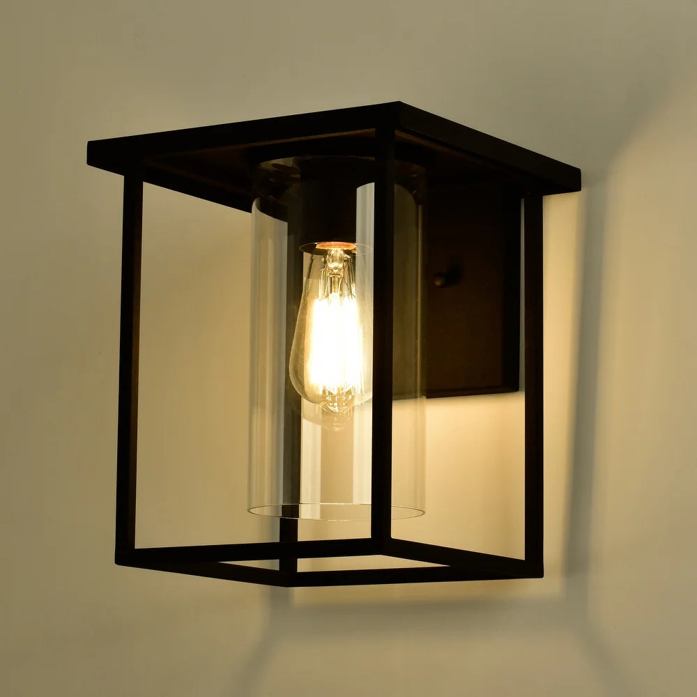 1-light Matte Black Outdoor Wall Sconce Lantern with Clear Glass Shade
