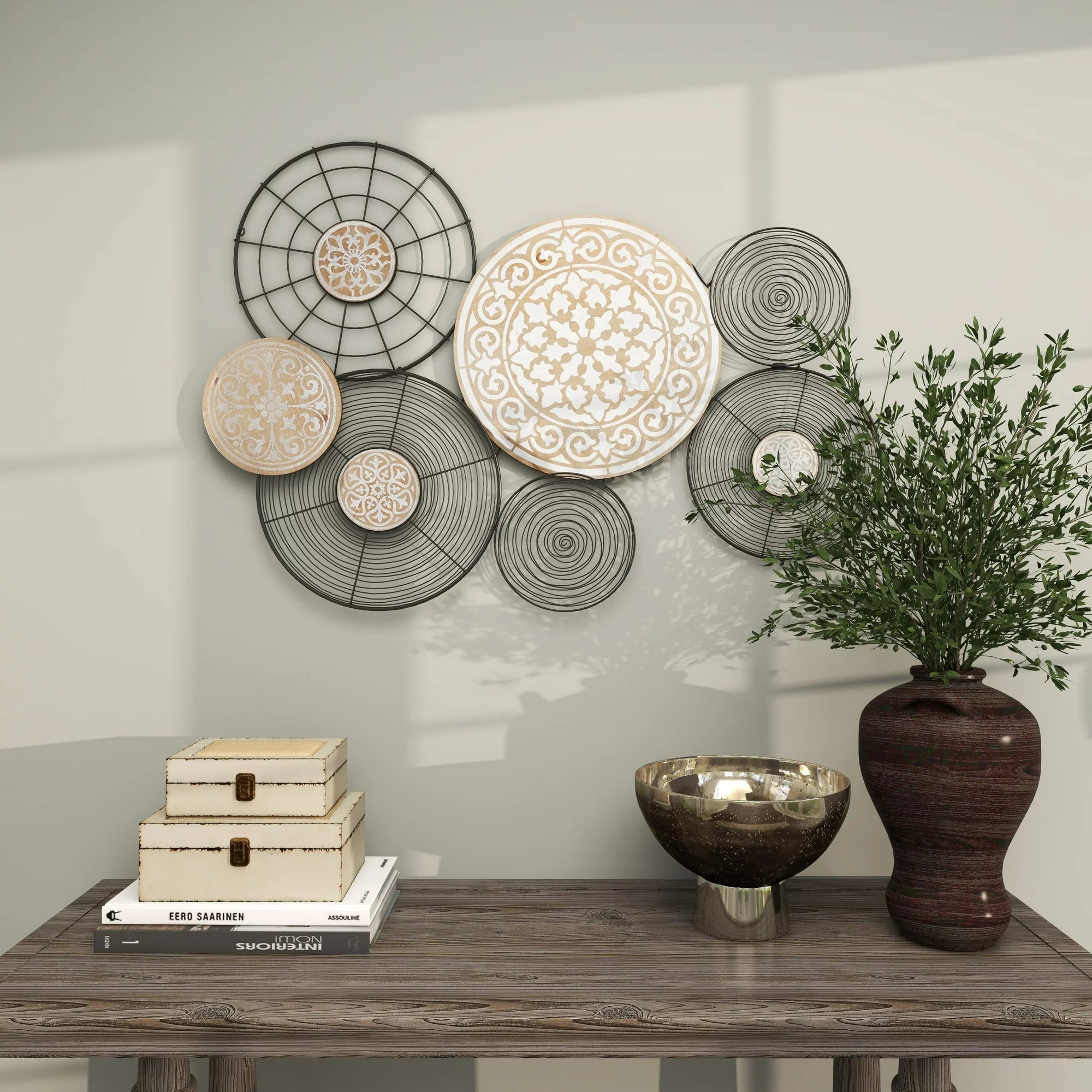 Black Metal Plate Wall Decor with Intricate Pattern