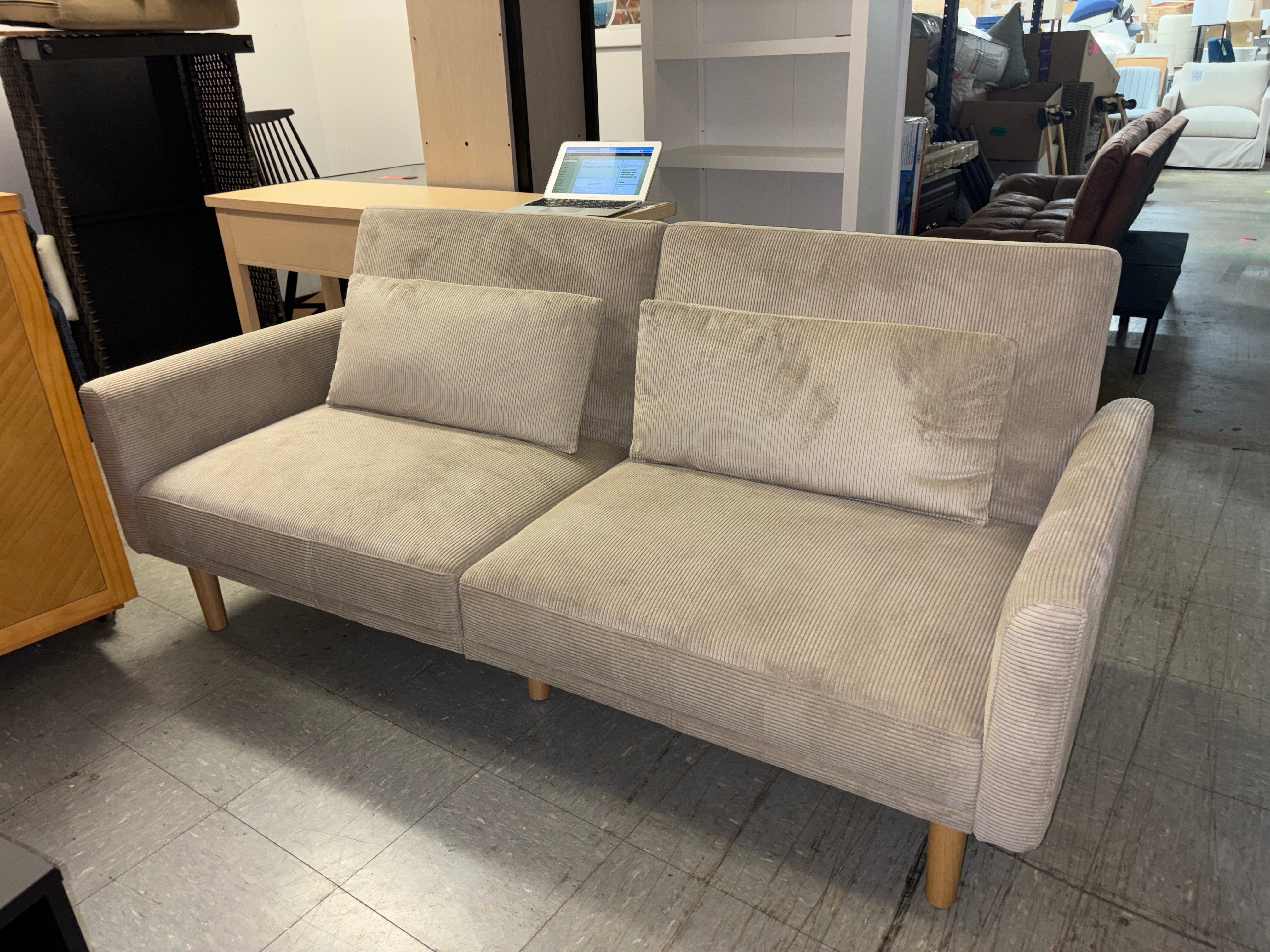 72" Mid Century Modern Futon Sofa - Taupe Corduroy SHOWROOM ITEM