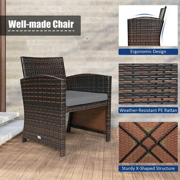 3-Piece Wicker Patio Conversation Set with Gray Cushions Sofa Coffee Table