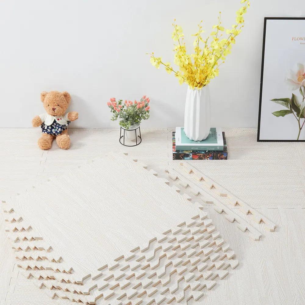 12 Tiles Exercise Wood Grain Puzzle Interlocking Foam Gym Floor Mats - White Wood
