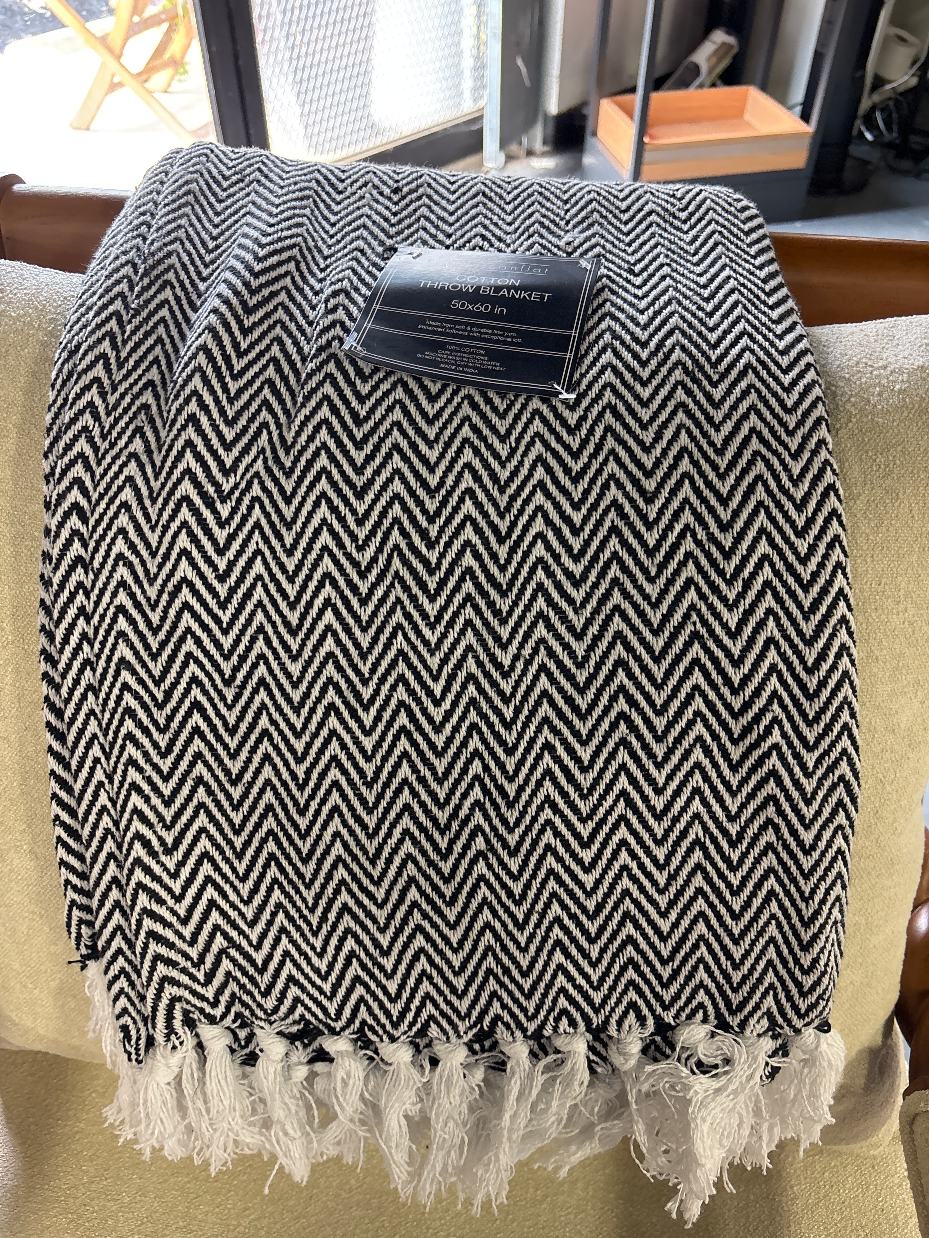 50"x60" Americanflat 100% Cotton Throw Blanket - Black/White Herringbone SHOWROOM ITEM