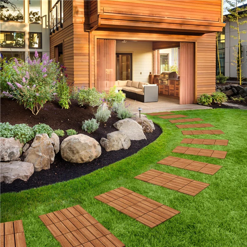 Acacia Wood Interlocking Deck Floor and Wall Tile for Outdoor & Indoor (Set of 10)