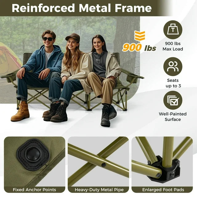 3 Person Foldable Camping Chair with 2 Cup Holders, Green