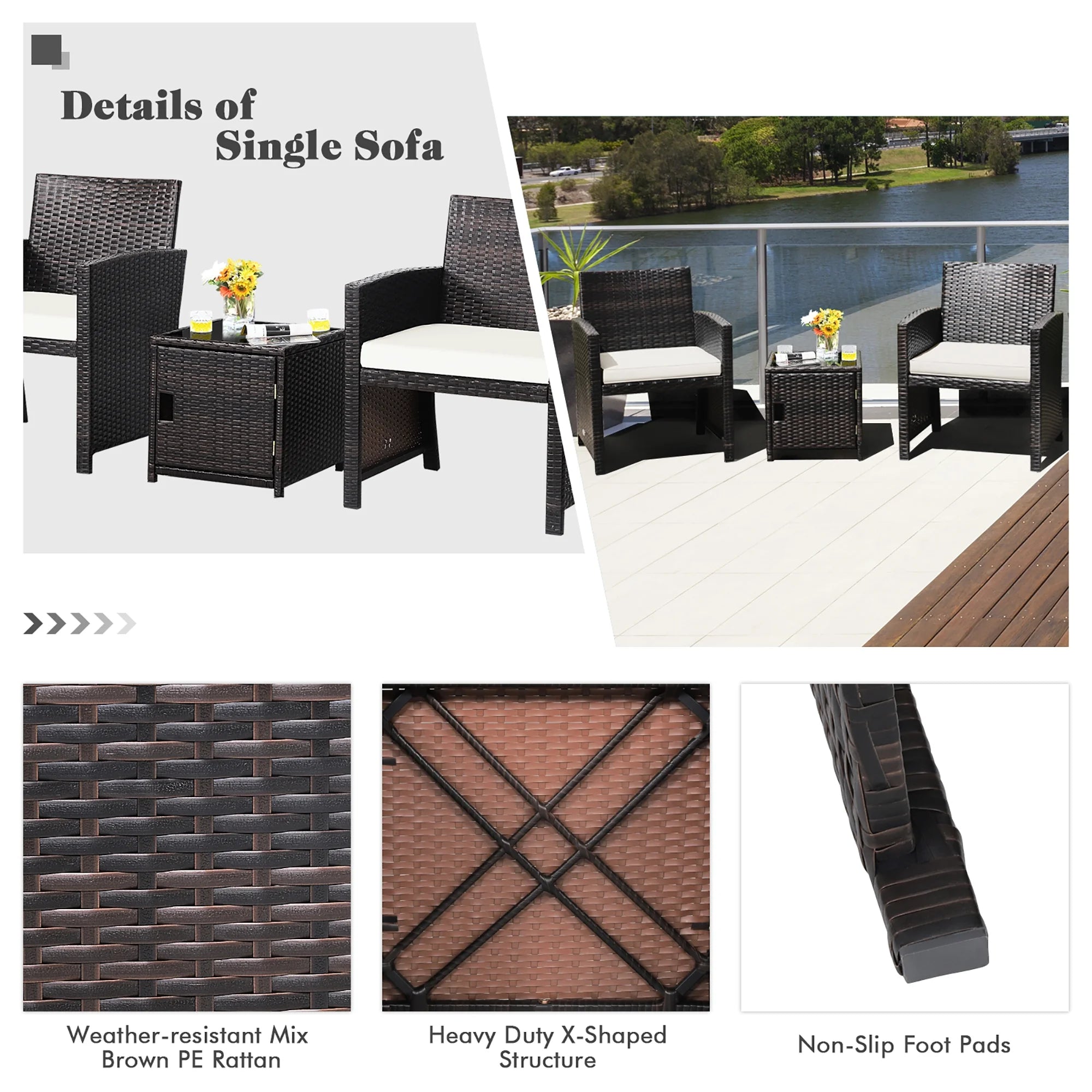 3-Piece Patio Wicker Furniture Set Storage Table with Protect Cover Cushioned in Off White