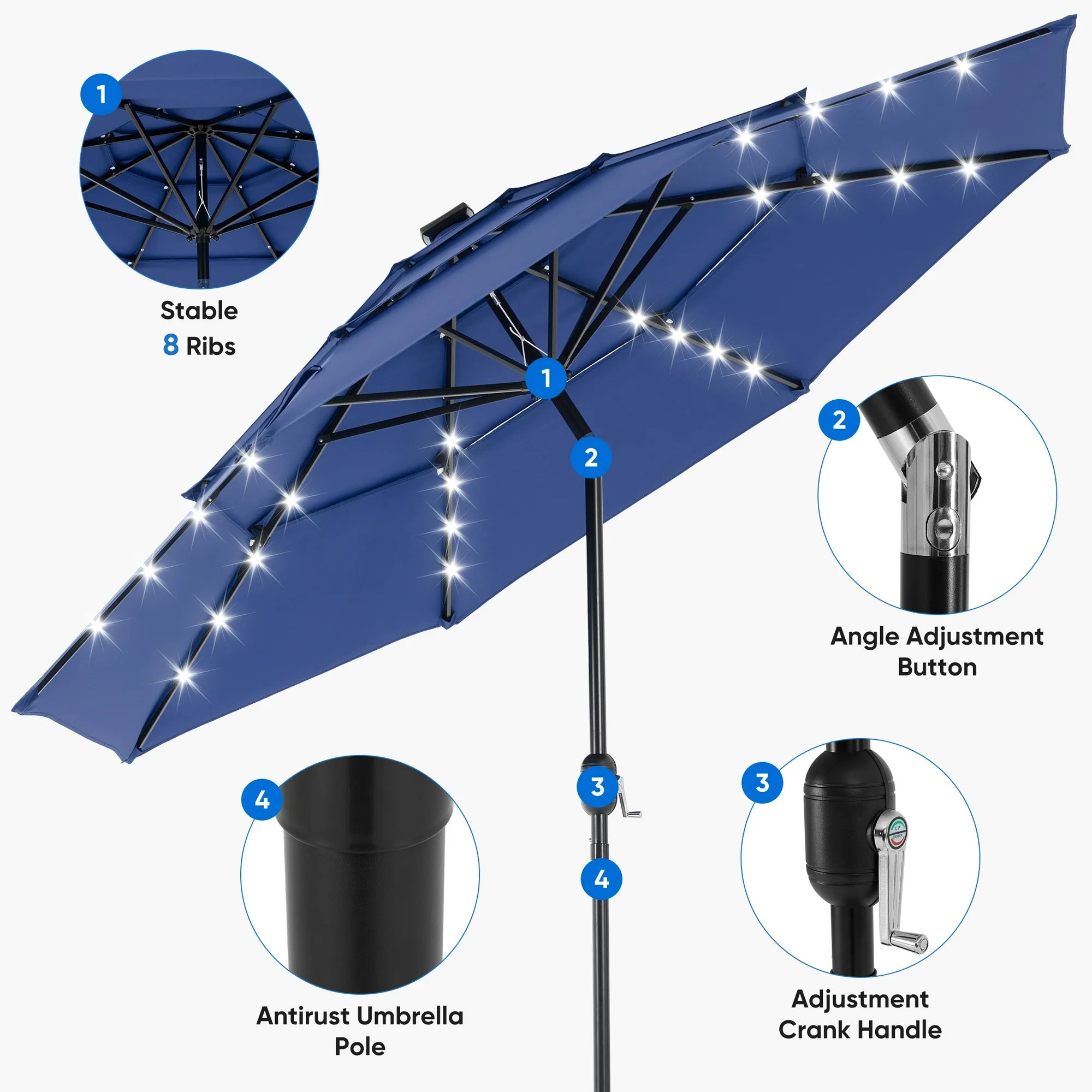 3-Tier Patio Umbrella with Tilt Adjustment Outdoor Market Umbrella Navy Blue