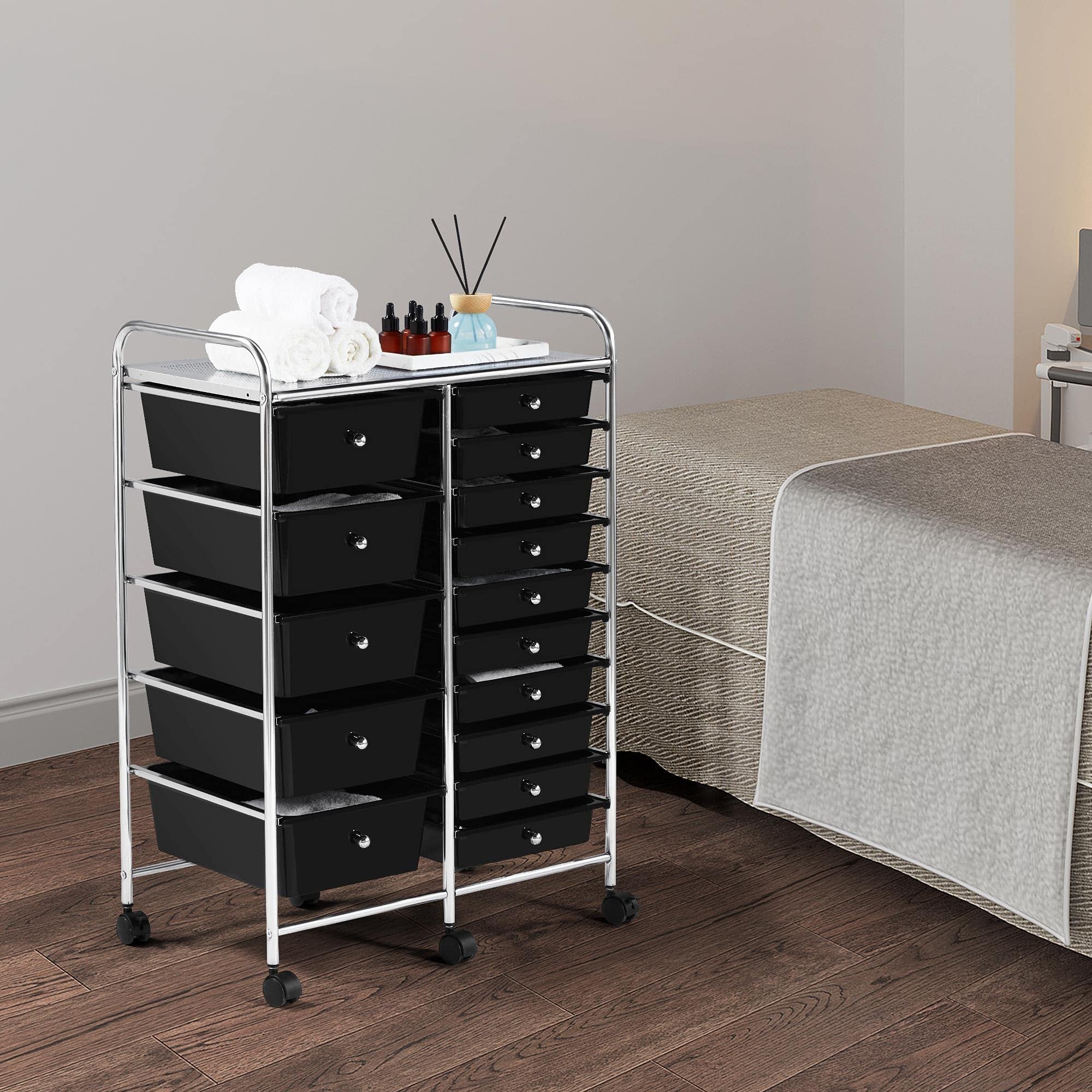 15 Drawers Rolling Storage Cart Multipurpose Mobile Rolling Utility Storage Organizer Cart Tools Scrapbook Paper Organizer on Wheels, Black