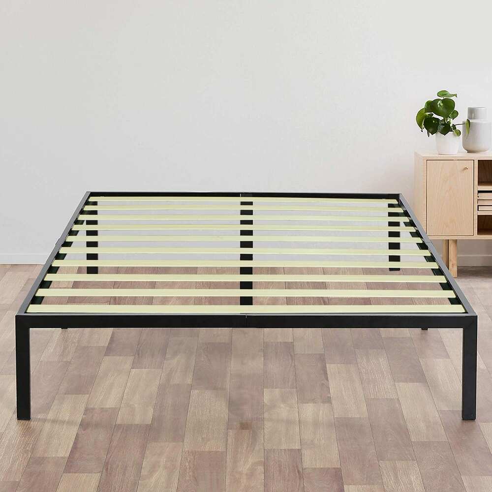 14 Inch Metal Platform Bed Frames With Wood Slat Support / No Box Spring Needed, Black - King