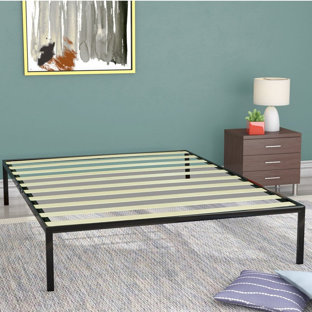 14 Inch Metal Platform Bed Frames With Wood Slat Support / No Box Spring Needed, Black - King
