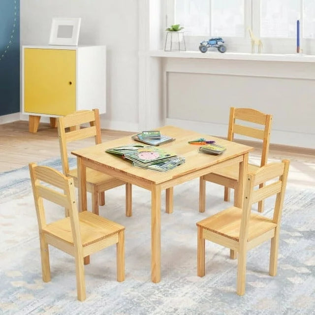 5 pcs Kids Pine Wood Table Chair Set-Natural